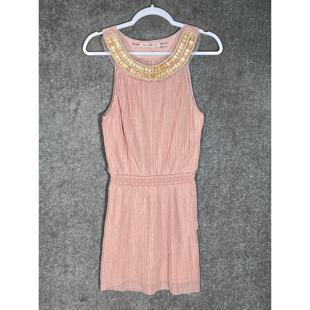 Chelsea & Violet Pleated Beaded Sleeveless Dress Womens Sz L Peach Smocked Waist